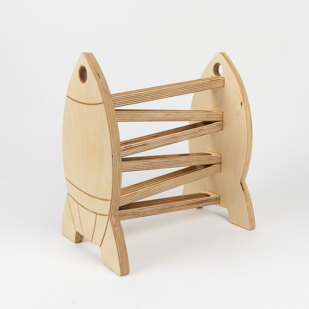 Wooden Marble Run shaped like a Rocket on white backgroun