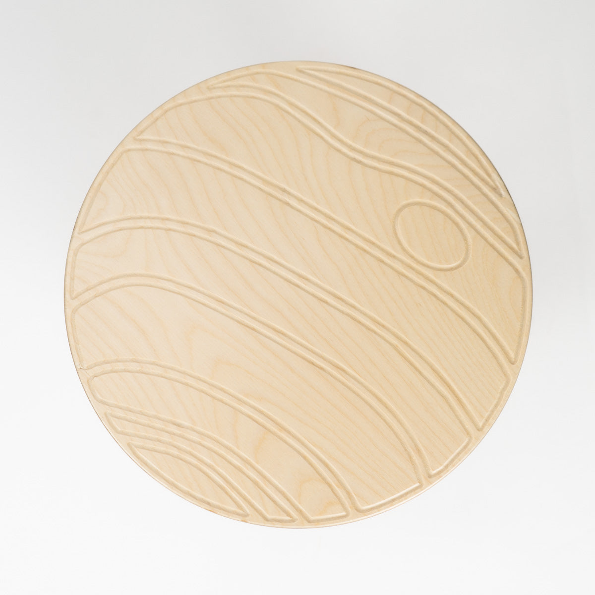 Round wooden stpp; with embossed design of Neptune on a light gray background