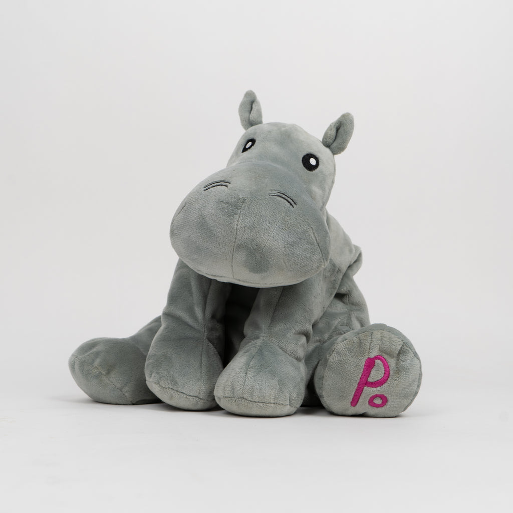 Gray plush hippo toy with a pink 'PO' on a white background
