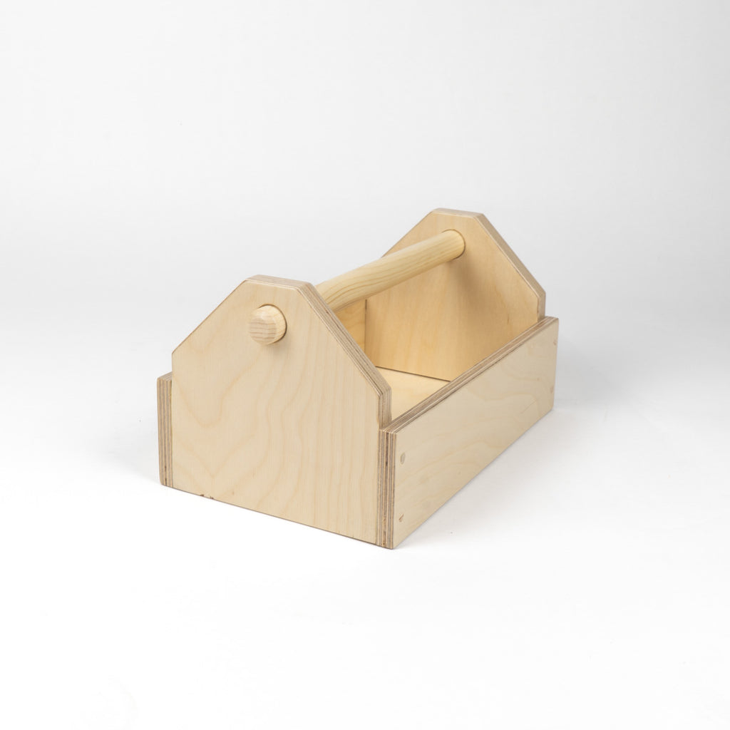 Wooden toy toolbox on a white background