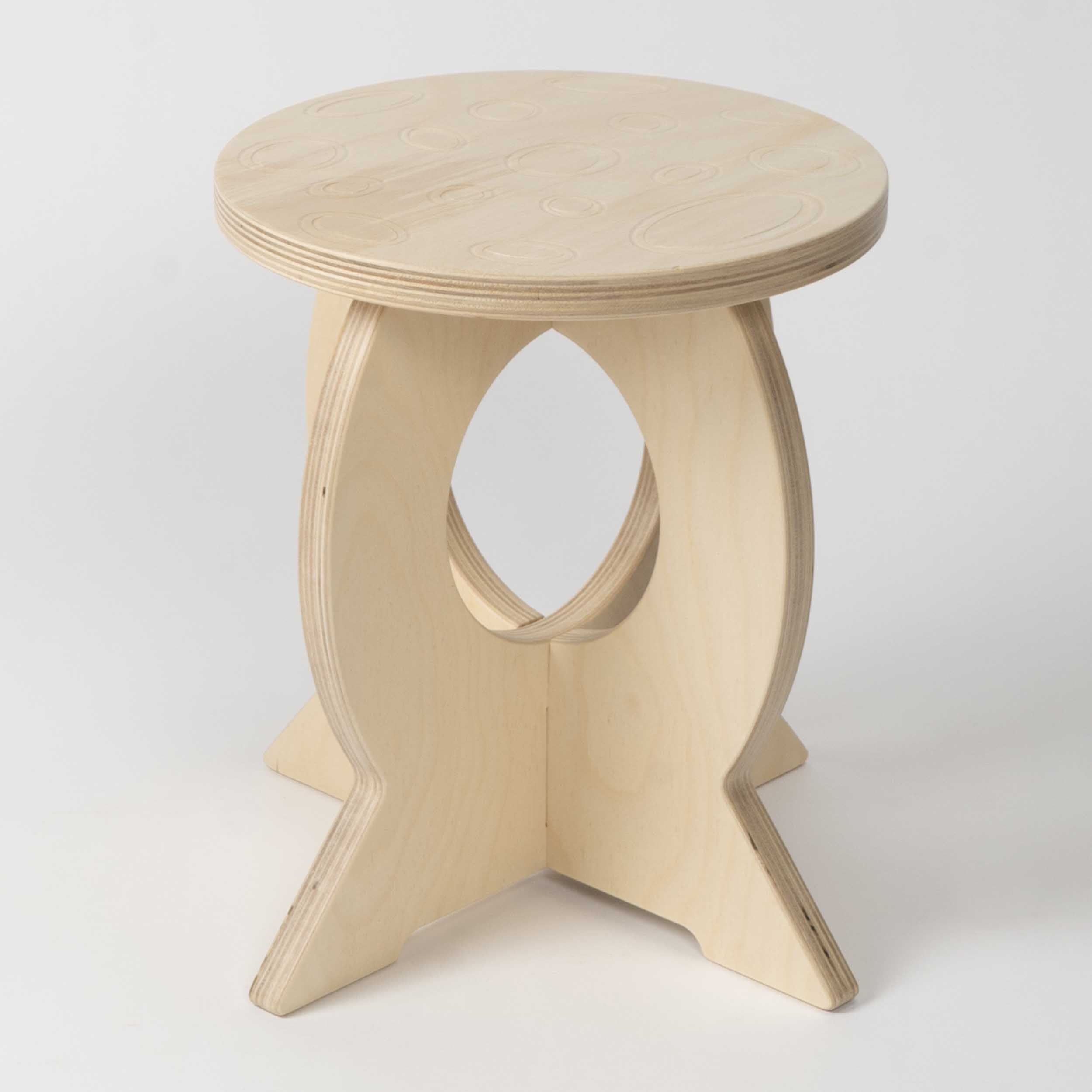 Wooden stool with a moon design on a white background